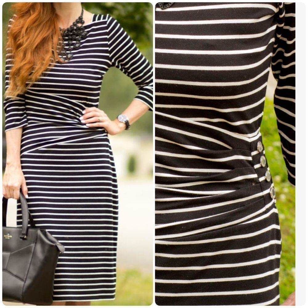 White House Black Market Black & White Striped Side Ruched Dress SMALL